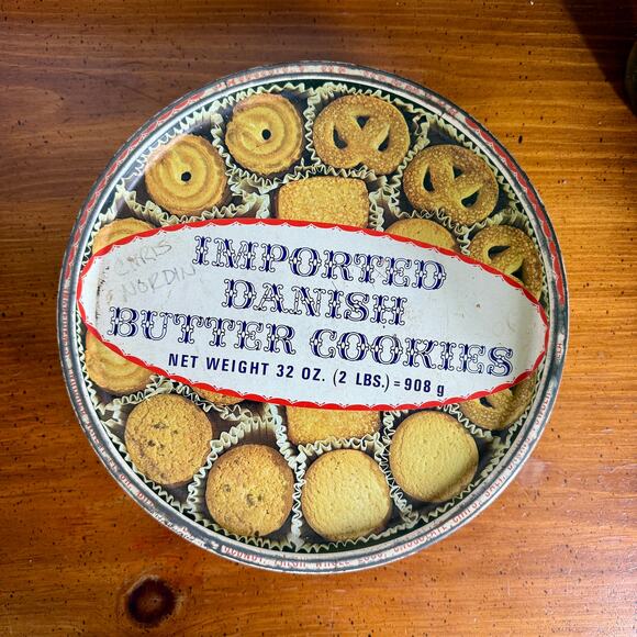 None Other - Vintage Butter Cookies Tin Round Biscuit Tin Kitchen Storage Danish Style Retro